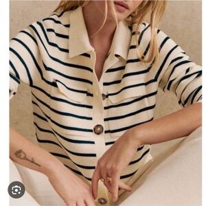 Sézane Betty Cardigan Ecru/Navy Striped Sweater Jumper